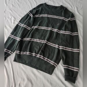 Nautica Dark Green and Gray Striped Crewneck Sweater